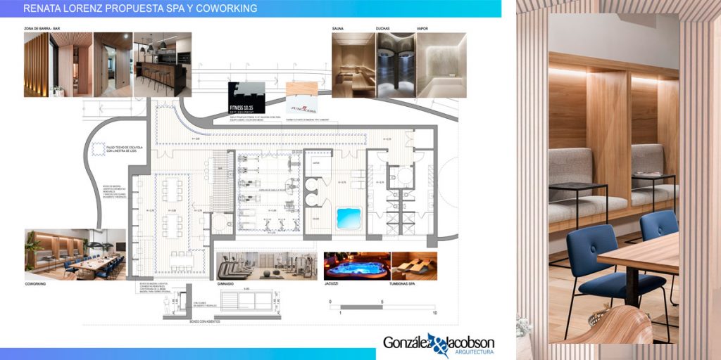 Propuesta Interiorismo Coworking Spa Real de la Quinta. Gonzalez & Jaconson Arquitectura